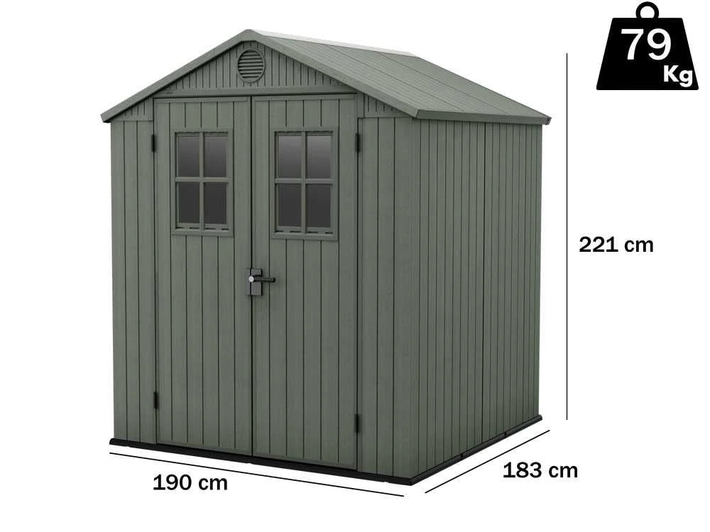 Keter Darwin 6X8 Verde - Casetta da giardino in resina 1,90mx2,45m x 2,21H 4,65 mq con pavimento -