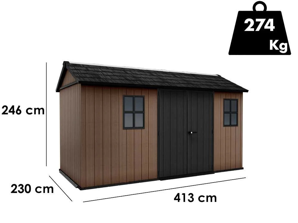 Keter Newton 1375/7513 - Casetta da giardino in resina Evotech 4,13m x 2,30m x 2,46h 9,5mq con pavimento e doppia azione di montaggio