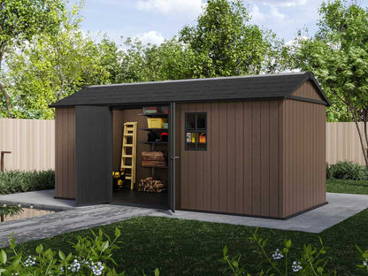 Keter Newton 1775/7517 - Casetta da giardino in resina Evotech 5,39m x 2,30m x 2,46h 12,40mq con pavimento e doppia azione di montaggio