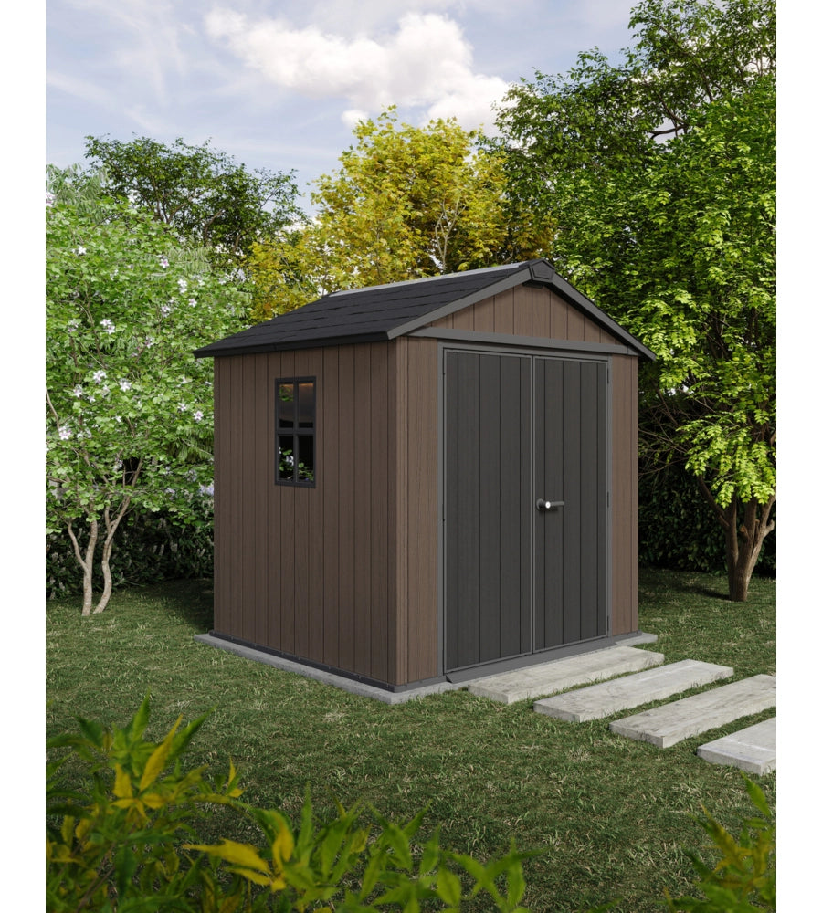 Keter Newton 775/757 - Casetta da giardino in resina Evotech 2,23m x 2,30m x 2,46h 5,12mq con pavimento e doppia azione di montaggio -