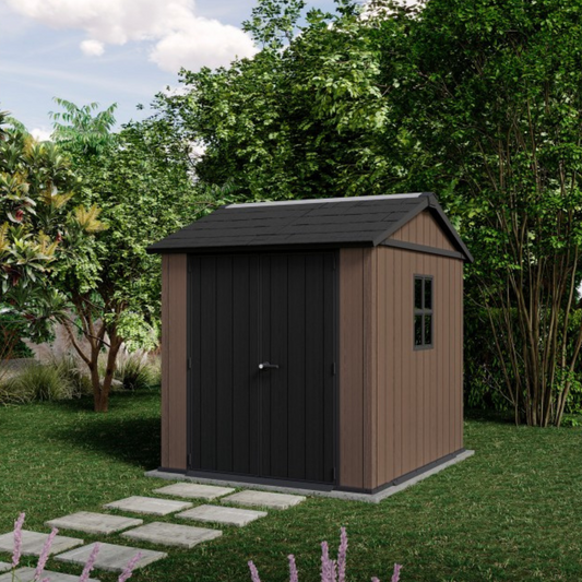 Keter Newton 775/757 - Casetta da giardino in resina Evotech 2,23m x 2,30m x 2,46h 5,12mq con pavimento e doppia azione di montaggio -
