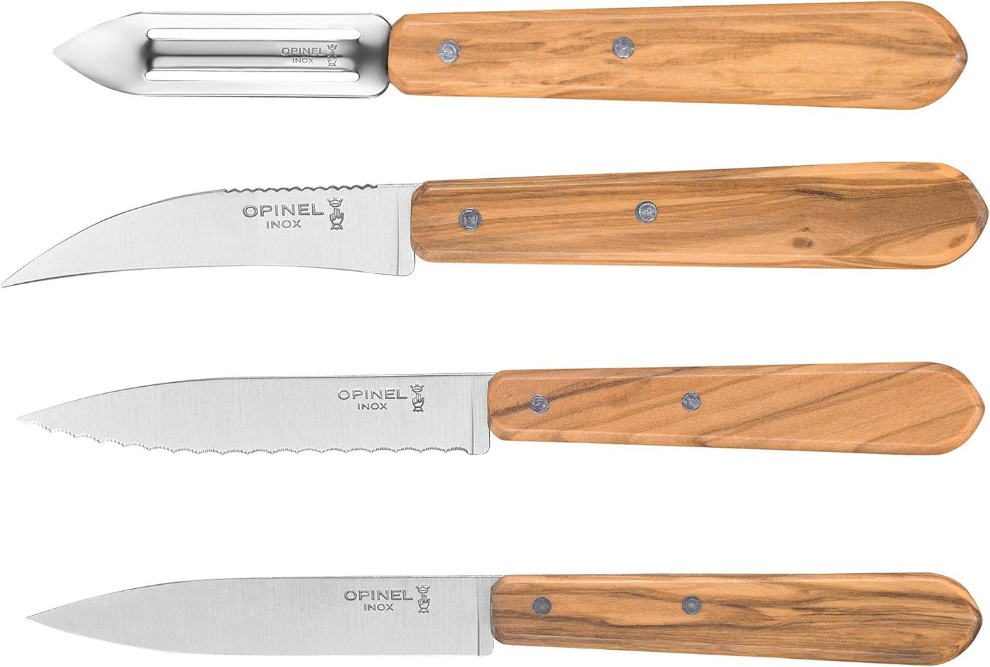 Opinel Essentials - Set di 4 coltelli da cucina in acciaio Sandvik con manici in legno d'ulivo, multicolore