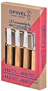 Opinel Essentials - Set di 4 coltelli da cucina in acciaio Sandvik con manici in legno d'ulivo, multicolore