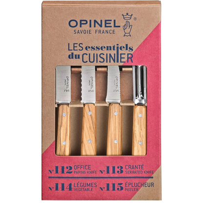 Opinel Essentials - Set di 4 coltelli da cucina in acciaio Sandvik con manici in legno d'ulivo, multicolore